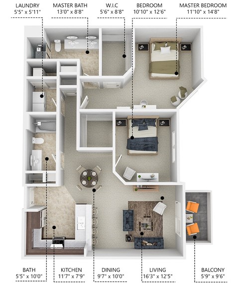 Floor plan for 2 beds, 2 baths, 1110 sqft